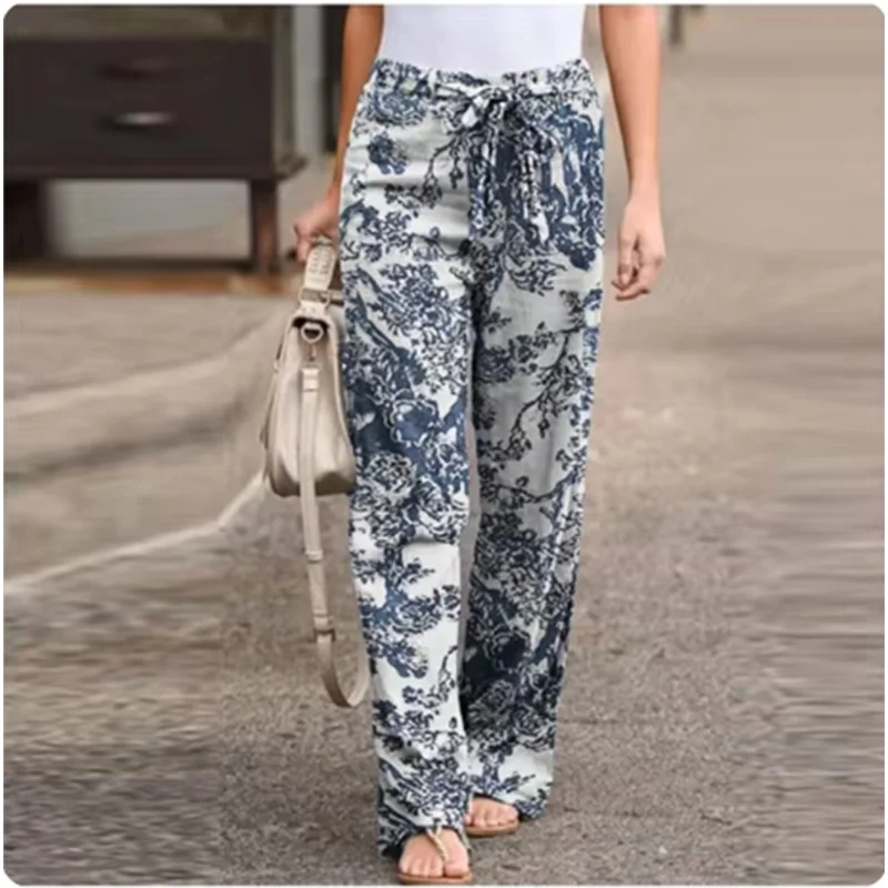 Women's Vintage Casual Printed Art Pants Pocket Strap Straight Leg Loose Comfortable Pants