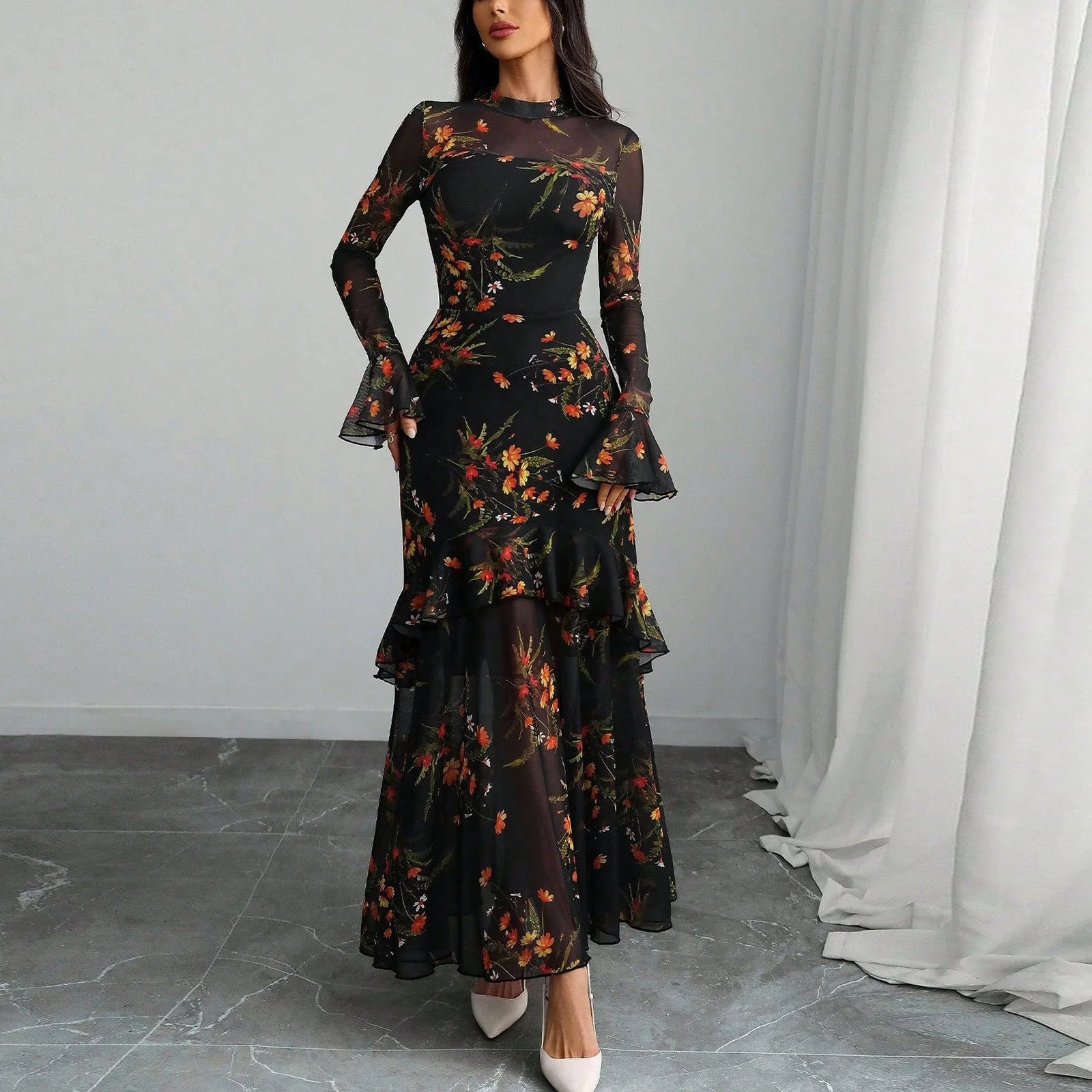 Women's Evening Gown Clothing Vintage Floral Print Maxi Dresses Spring Autumn Long Sheer Sleeve Ruffled Hem Elegant Party Dress