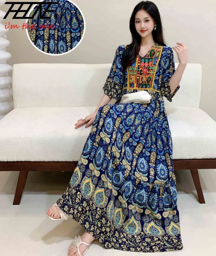 Indian Dress for Women Summer Embroidery Chic Elegant Party Dresses Clothes Vintage Long Maxi Prom Bohemian Beach Robe Vestidos
