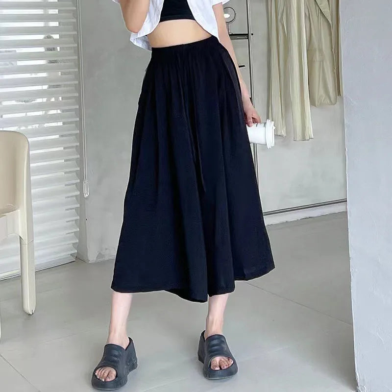 Summer Ice Silk Wide Leg Pants Women's Loose Casual Long Trousers High Waist Korean Sle Polyester Fiber Drapey Sumi Pants