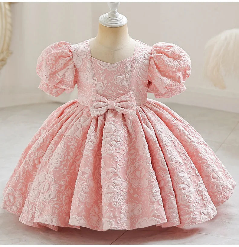 New Bubble Sleeve Girl's First Year Dress Wedding Flower Girl's Birthday Dress Bowknot Sweet Lovely Puffy Dress