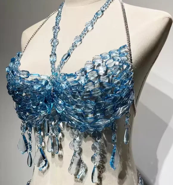 Blue Beaded Bikini Rave Body Party Bridal Wedding Accessories Fringe Chain Mermaid Bra Top Beachwear Lingerie Harness Bralette