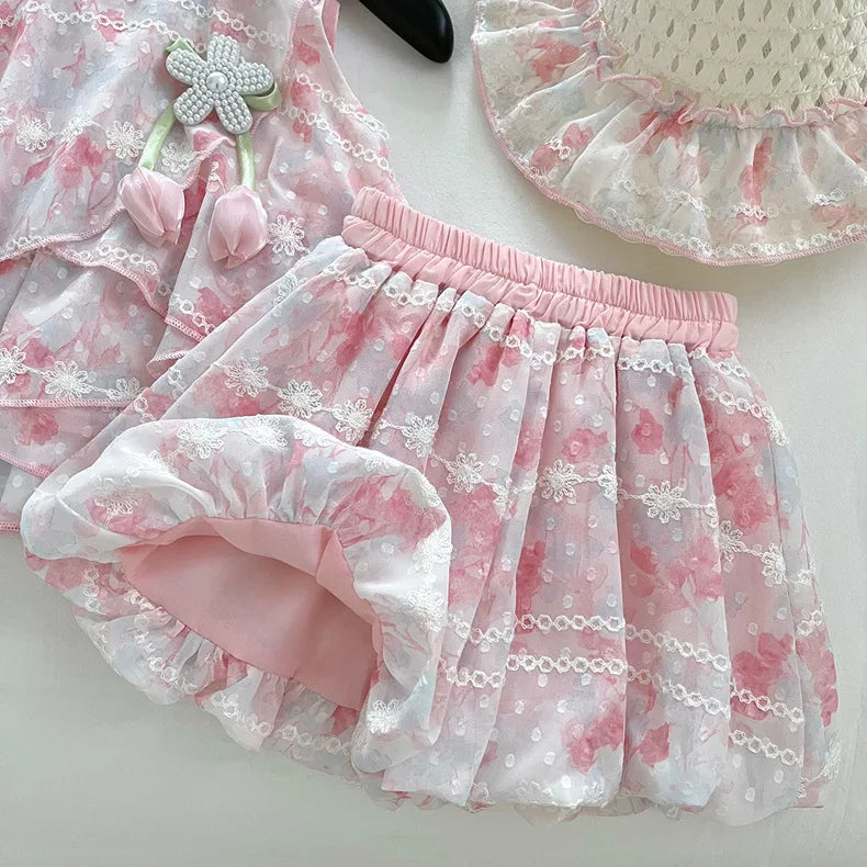 Baby Girls Summer Clothes Sweet Lace Embroidery Flowers 3pcs Sets Tops Shirts+shorts+hat,Kids Children Princess Clothes