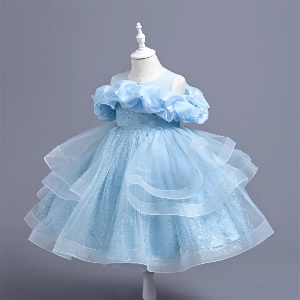 New Girl's Wedding Evening Dress Petal Sequin Mesh Sleeveless Dress Birthday Party School Graduation Party Dress