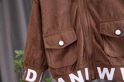 Baby Boys Clothes Suit Children Fashion Autumn/Winter Printed Corduroy Boys' Coat Zipper Long Sleeve Boys' Top+Pants Casual Set