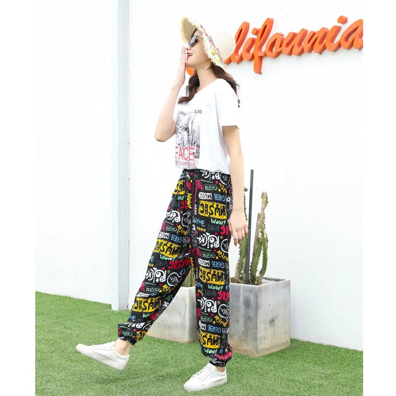 Women's Mosquito-proof Cotton Silk Beach Summer Casual Flower Pants Artificial Cotton Summer Sleeping Pants Thin Adult Bloomers