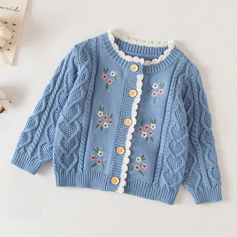 Winter Spring Baby Knitted Clothing Long Sleeved Floral Embroidery Knitting Coat Newborn Baby Girls Knitting Cardigan Sweater (Available)