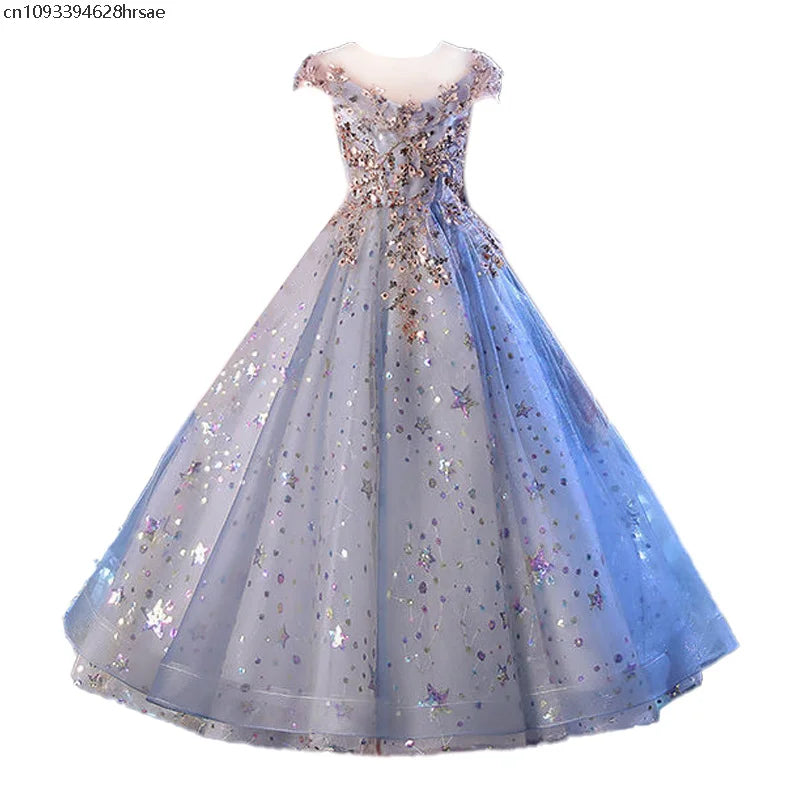 Evening Gown Girls Princess Puffy Tulle Piano Performance Outfit Flower Wedding Dress Children's High-End Host Clothing