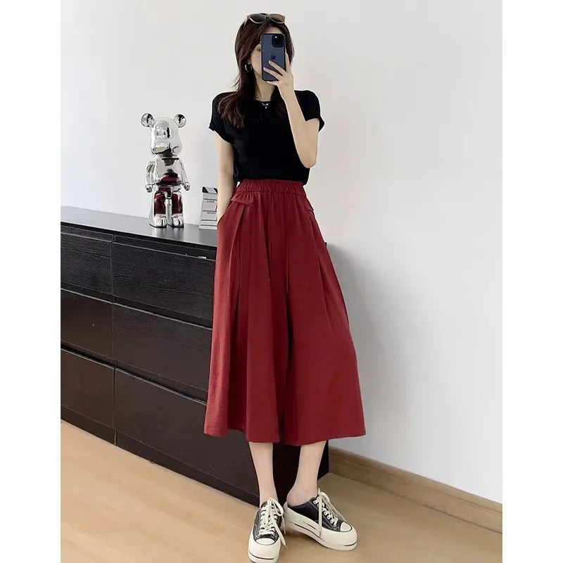 Summer Ice Silk Wide Leg Pants Women's Loose Casual Long Trousers High Waist Korean Sle Polyester Fiber Drapey Sumi Pants