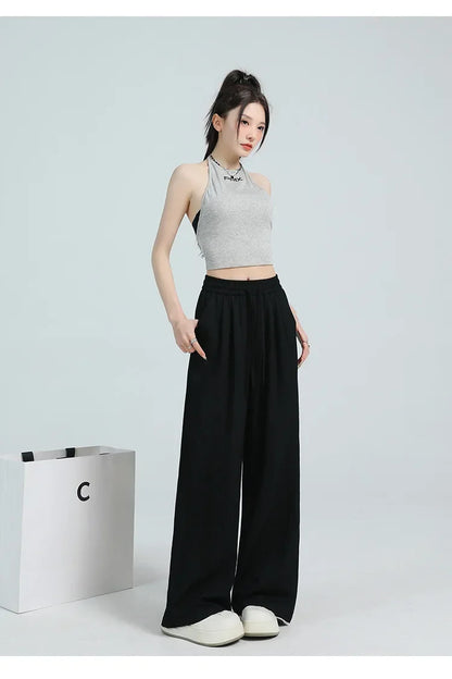 White Ice Silk Wide Leg Pants Women's Summer Thin High Waist Slimming Casual Versatile Elastic Waist Draped Straight Leg Trouser
