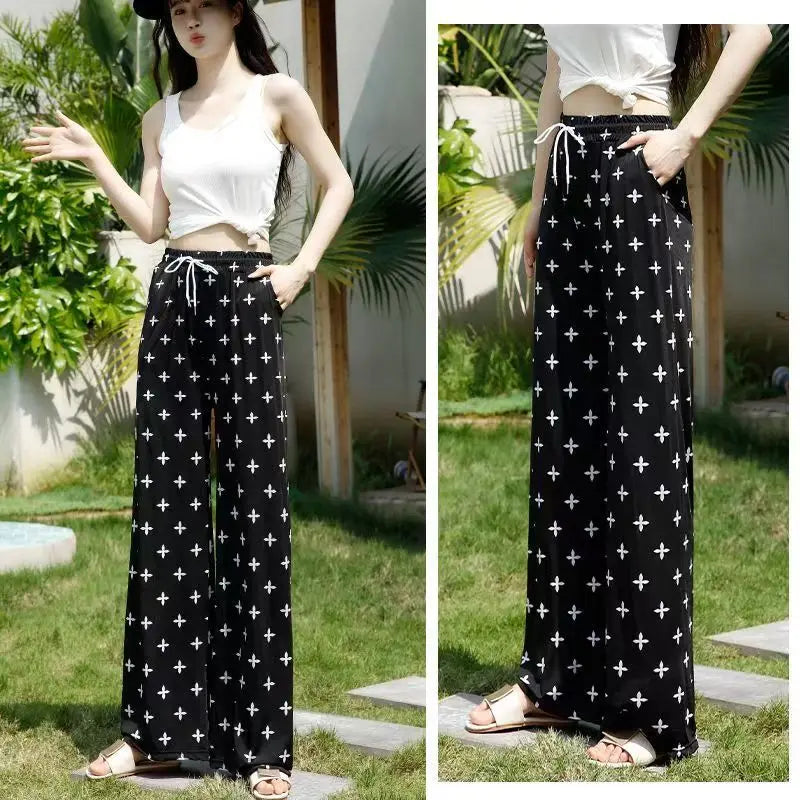 High Waist Floral Pants Straight Leg Home Leisure Women's plus Size High Elasticity Air Conditioning Pants Casual Trousers