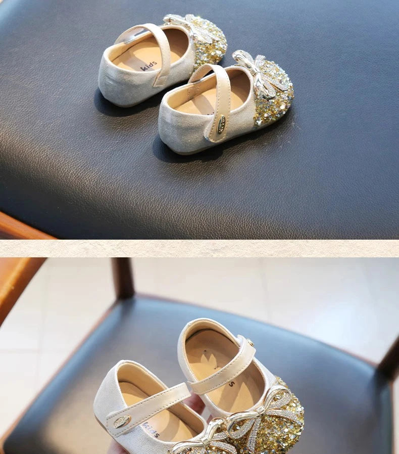 Bling Sequine Flats Shoes For Kids Princess Gold Silver Bowtie Dress Shoes For Toddler Girls Spring Autumn Causal Baby Walkers