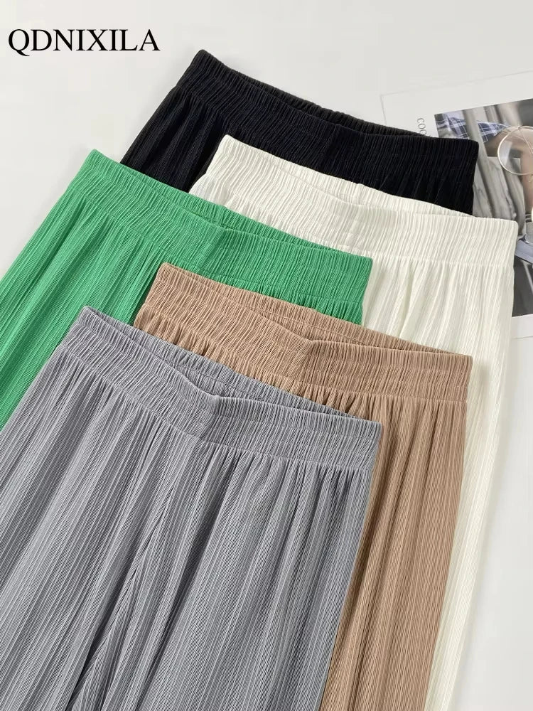 Spring Summer Ice Silk Wide Leg Pants for Women Korean Thin Chiffon High Waist Saggy Loose Straight Casual Fashion Trousers