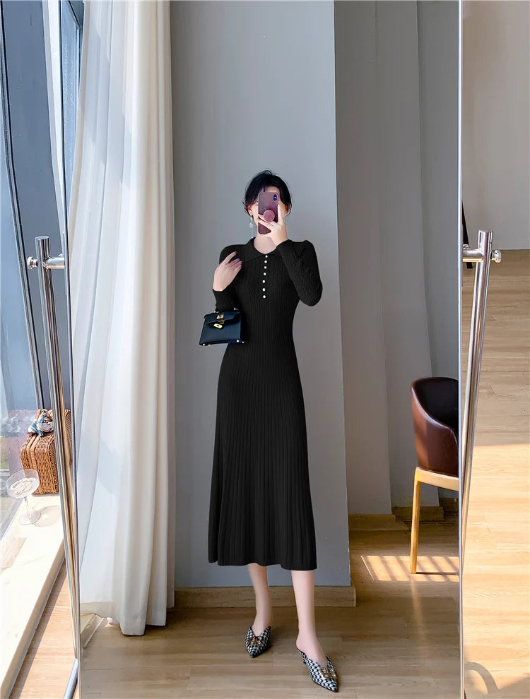Sweater Dress Women New  Autumn Winter Purple White Or Black High Waist A Line Dress Elegant Long Knitted Dress