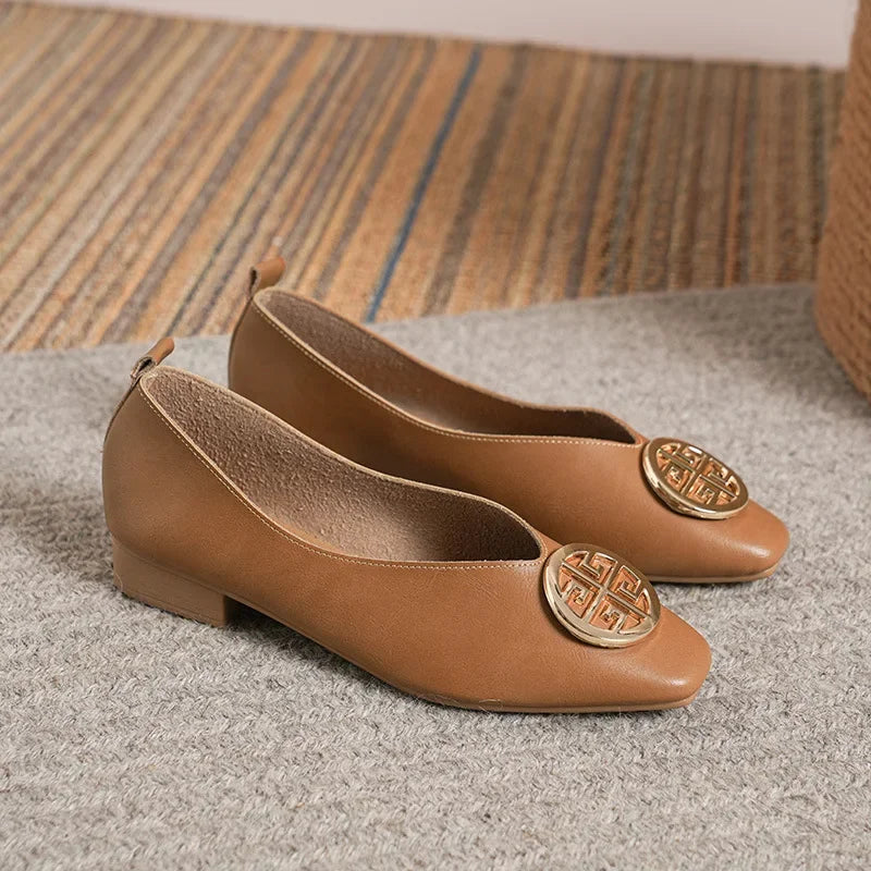 Women's square toe low heels solid color retro Casual flat shoes