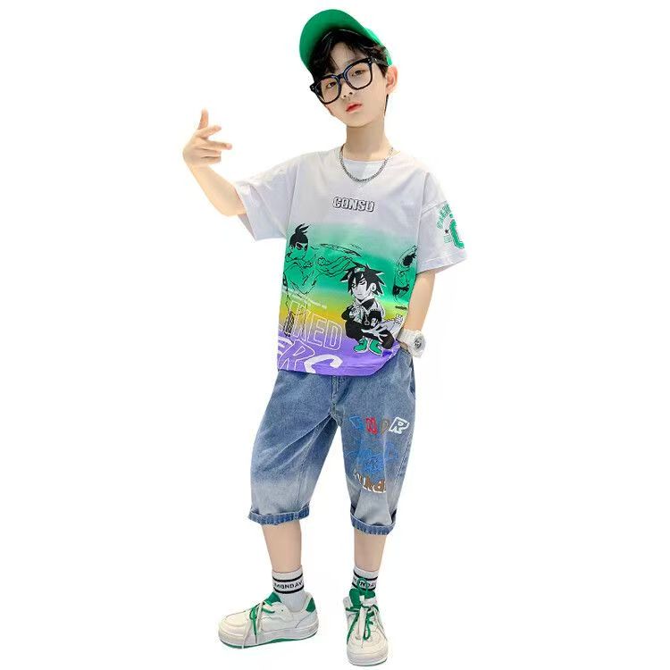 Boys Casual Cartoon Gradient T-shirt jeans Suit Medium And Large Children Two-piece Set