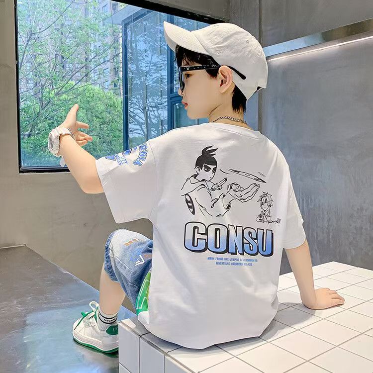 Boys Casual Cartoon Gradient T-shirt jeans Suit Medium And Large Children Two-piece Set