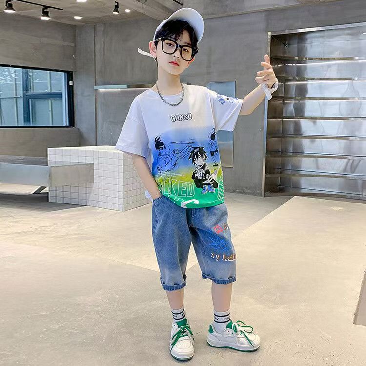 Boys Casual Cartoon Gradient T-shirt jeans Suit Medium And Large Children Two-piece Set