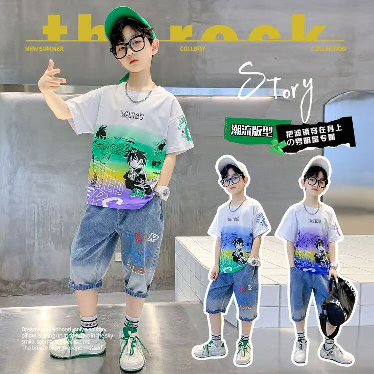 Boys Casual Cartoon Gradient T-shirt jeans Suit Medium And Large Children Two-piece Set