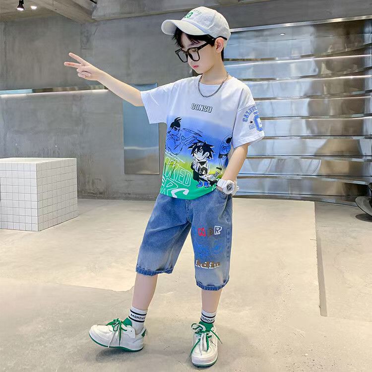 Boys Casual Cartoon Gradient T-shirt jeans Suit Medium And Large Children Two-piece Set
