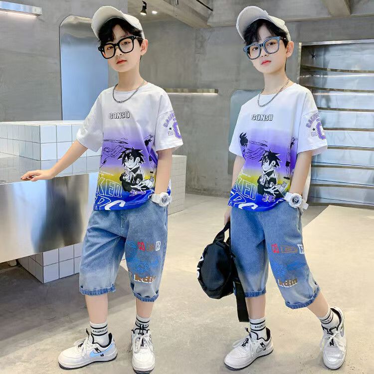Boys Casual Cartoon Gradient T-shirt jeans Suit Medium And Large Children Two-piece Set