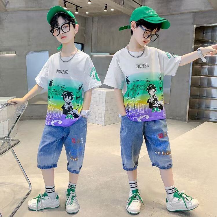 Boys Casual Cartoon Gradient T-shirt jeans Suit Medium And Large Children Two-piece Set