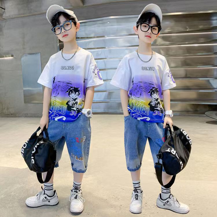 Boys Casual Cartoon Gradient T-shirt jeans Suit Medium And Large Children Two-piece Set