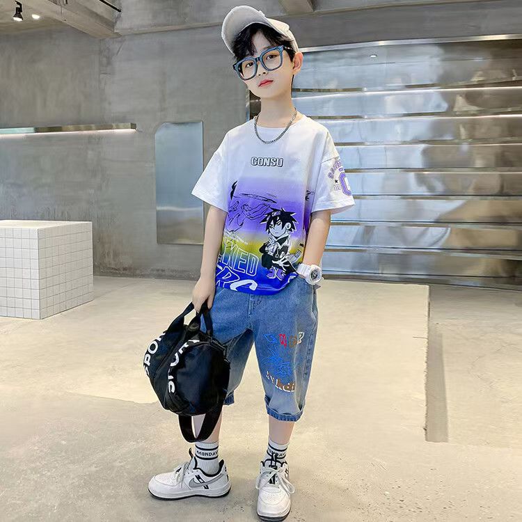 Boys Casual Cartoon Gradient T-shirt jeans Suit Medium And Large Children Two-piece Set