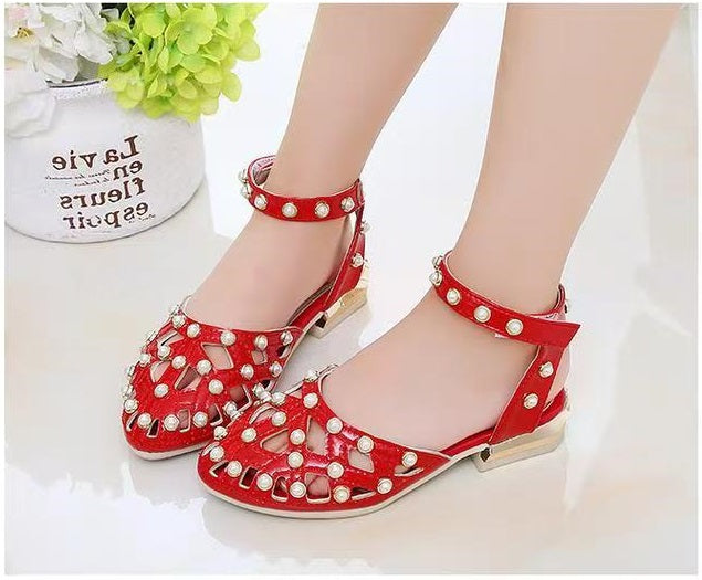 Children's High Heels Korean Version Princess Fish Mouth Bow Little Girl Crystal Shoes