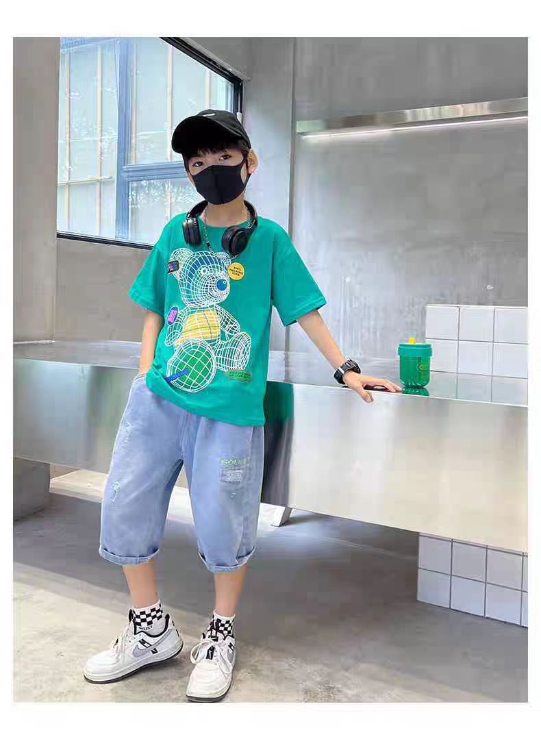 Colorful Bear Print Children's Short-sleeved T-shirt Boys loose Off-shoulder Fashion Dress