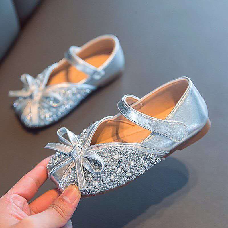 Spring Autumn New Soft Bottom Rhinestone Bow Leather Children Shoes Slip Girls Shoes for Kids Flats (Available)