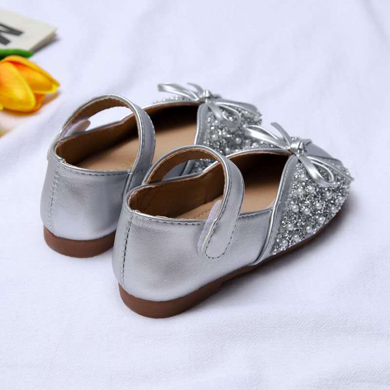 Spring Autumn New Soft Bottom Rhinestone Bow Leather Children Shoes Slip Girls Shoes for Kids Flats (Available)