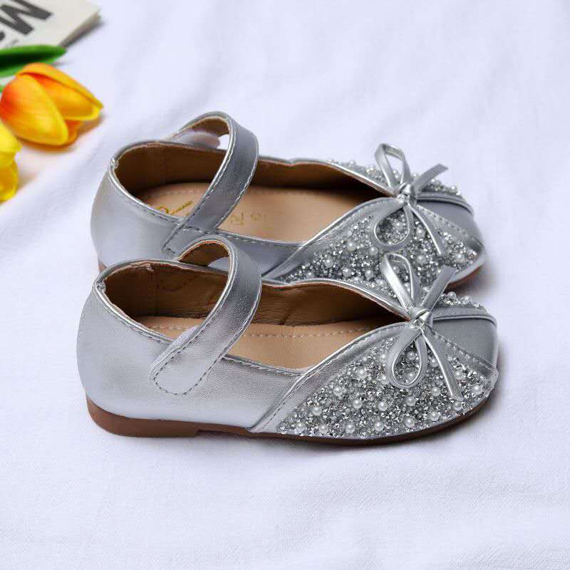 Spring Autumn New Soft Bottom Rhinestone Bow Leather Children Shoes Slip Girls Shoes for Kids Flats (Available)