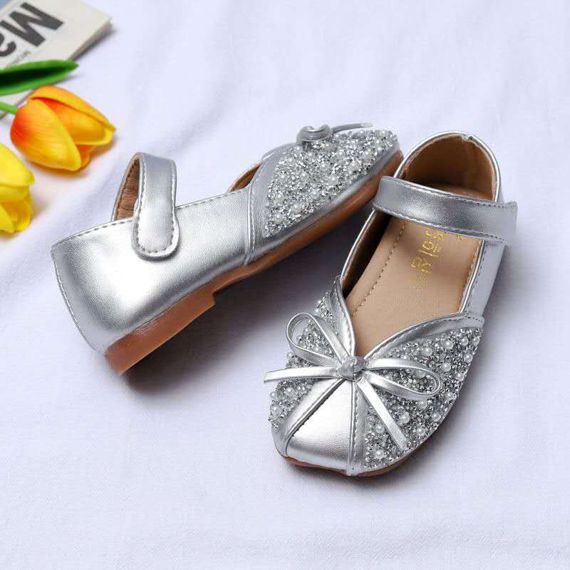 Spring Autumn New Soft Bottom Rhinestone Bow Leather Children Shoes Slip Girls Shoes for Kids Flats (Available)