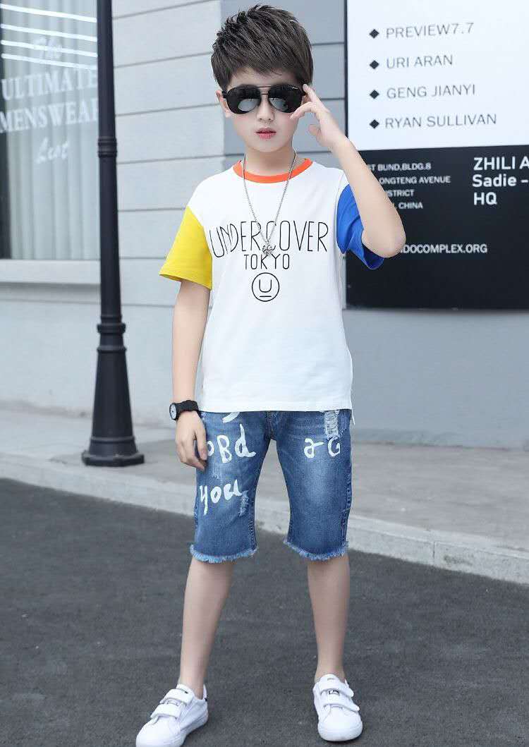 Summer Clothing For Boys Short Sleeve Sets Fashion Letters Patchwork Print Top & Pants 2 Piece Suits Children Outfits Costums