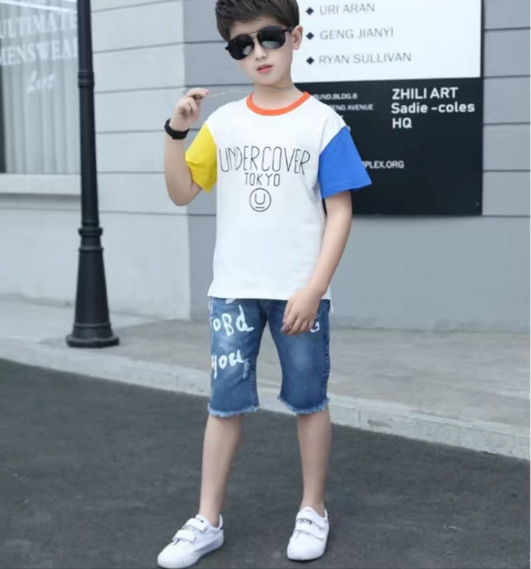 Summer Clothing For Boys Short Sleeve Sets Fashion Letters Patchwork Print Top & Pants 2 Piece Suits Children Outfits Costums