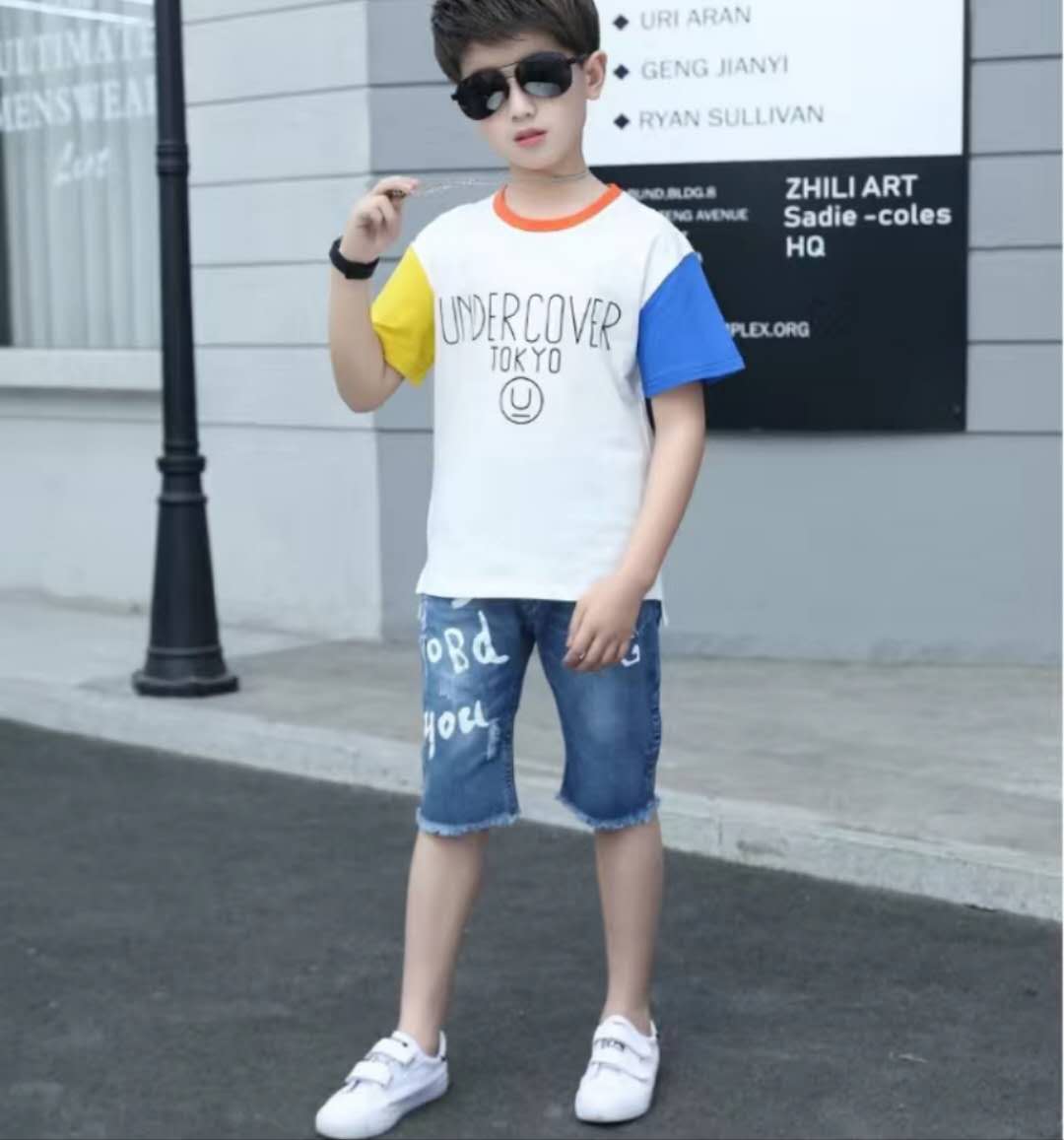 Summer Clothing For Boys Short Sleeve Sets Fashion Letters Patchwork Print Top & Pants 2 Piece Suits Children Outfits Costums