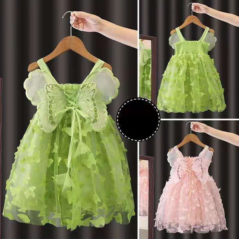Fairy Girl Glitter Butterfly Wings Dress Summer New Kids Green Sling Princess Dresses Party Girls Costume