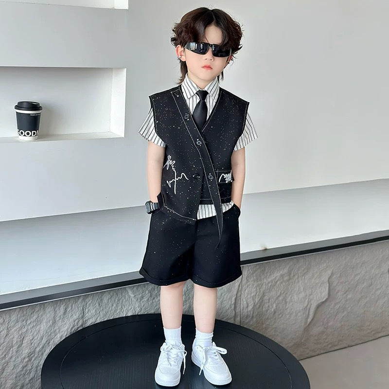 Spring Boy Retro Stripes TShirt+Pants Shorts+Vest Kid Children baby Gentleman Handsome Streetwear Party Clothes