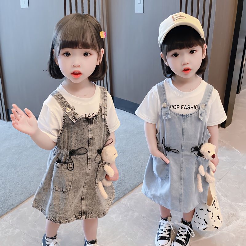 Girls Short Sleeve Top Suspender Dress Clothes Sets Summer Children Cotton T-Shirt Denim Dress 2pcs Outfit Bear