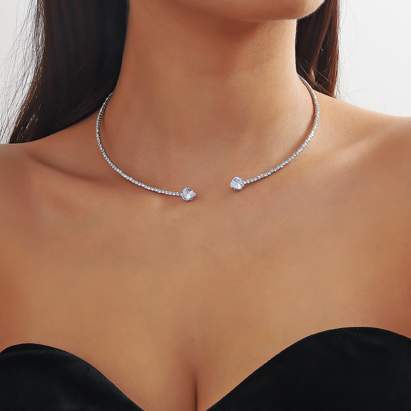 Fashion Jewelry Rhinestone Heart Collar Choker Necklace For Women Silver Color Simple Open Collar Necklace Torques Jewelry Accessories[available]