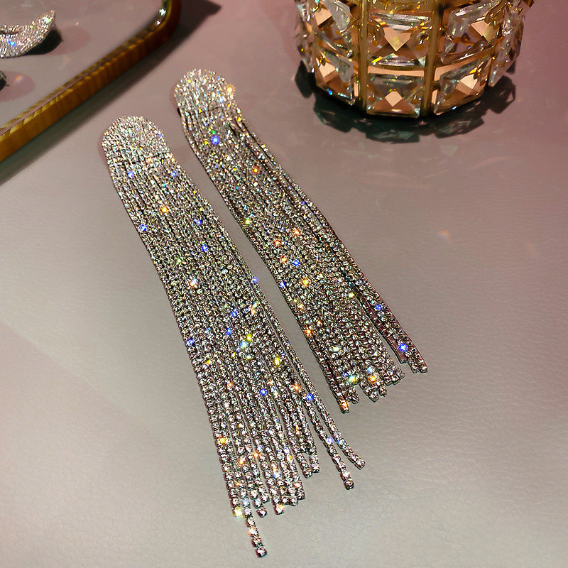 Exaggerated Personality Silver Full Diamond Super Long Tassel Ear Jewelry Women
