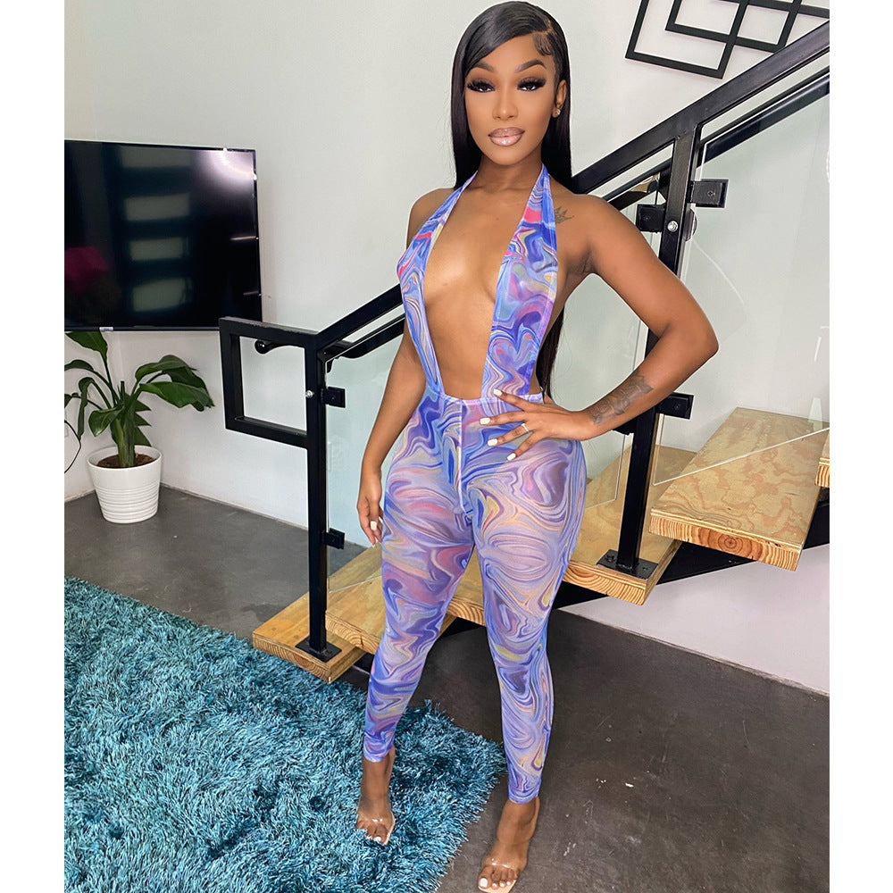 Mesh Printed See-Through Halter Neck Open Back Ladies Jumpsuit