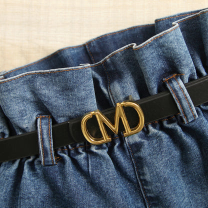 Girls' Suspender Constricted Lantern Sleeves Denim Open Top