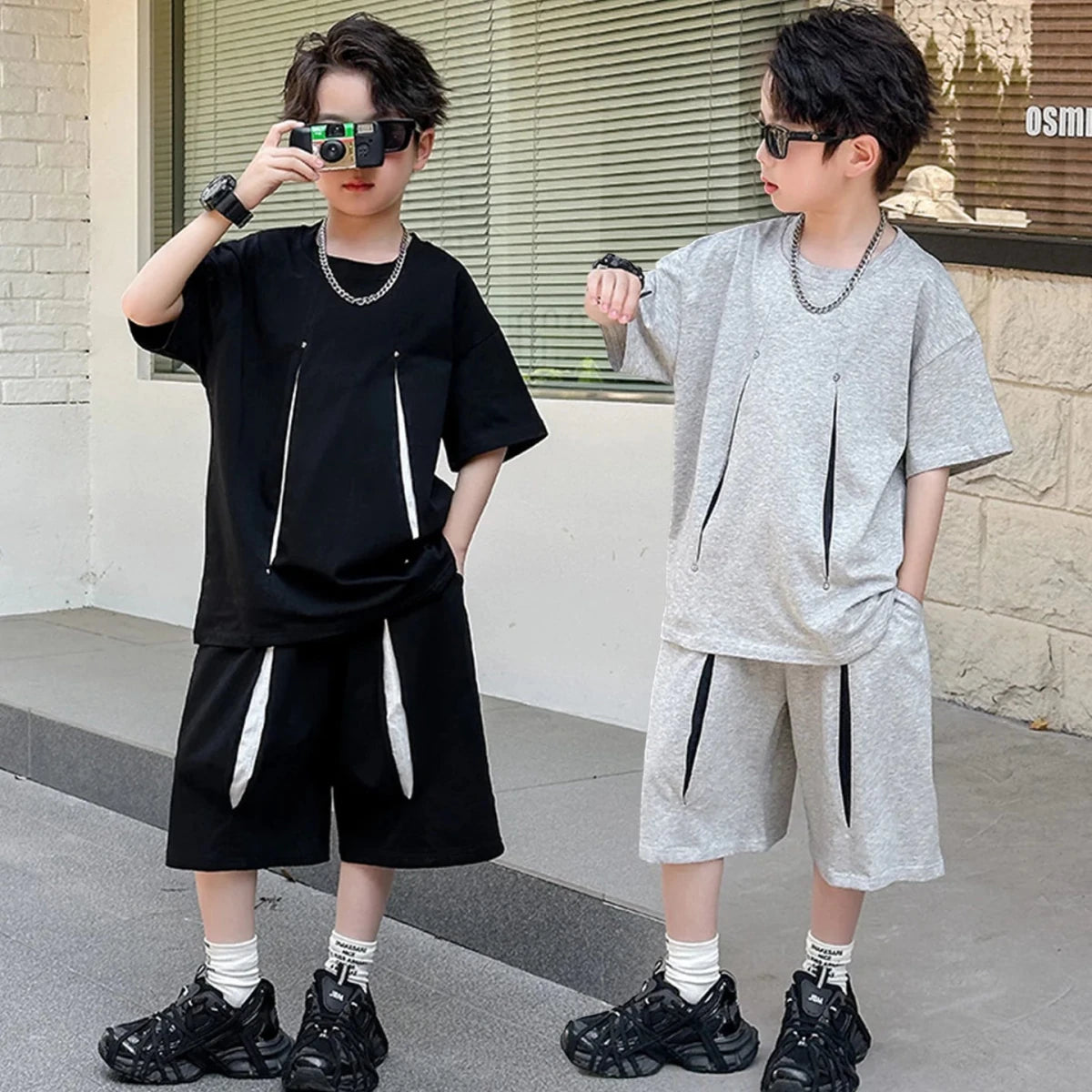American Kids Design Double Cotton Gauze Clothing Set For Teenage Boy Casual Summer Top and Bottom Clothes Set Child Tracksuit - Mom & Kids