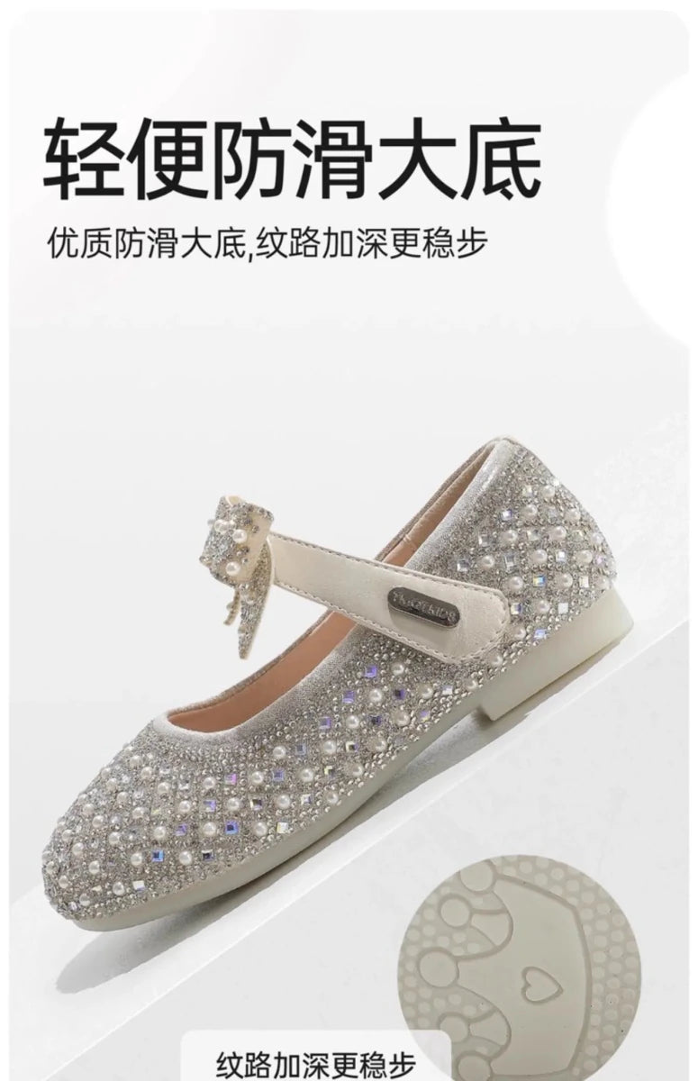 Autumn New Girls Single Princess Shoes Pearl Shallow Children's 2025 Comfortable Flat Shoes Kid Baby Rhinestone Bowknot Shoes - Mom & Kids