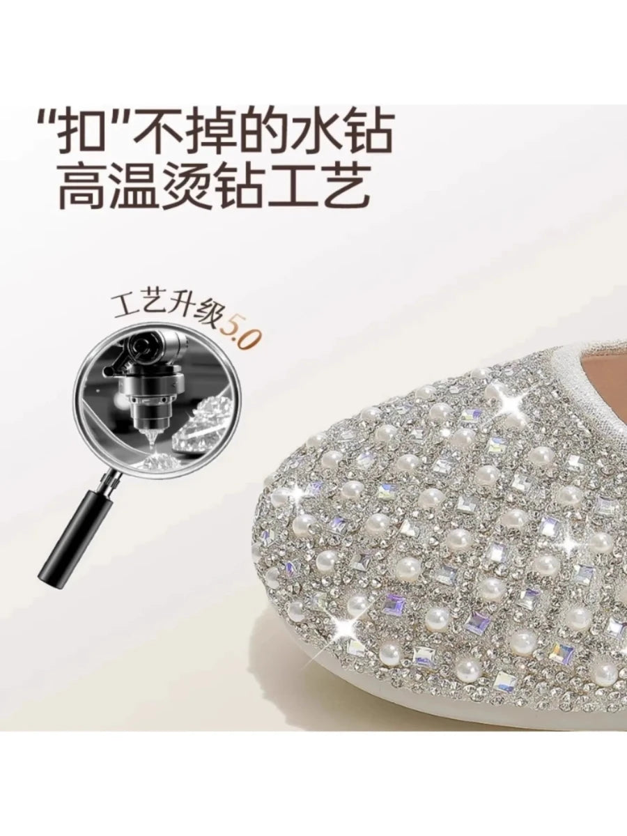 Autumn New Girls Single Princess Shoes Pearl Shallow Children's 2025 Comfortable Flat Shoes Kid Baby Rhinestone Bowknot Shoes - Mom & Kids
