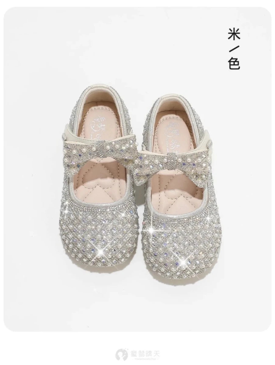 Autumn New Girls Single Princess Shoes Pearl Shallow Children's 2025 Comfortable Flat Shoes Kid Baby Rhinestone Bowknot Shoes - Mom & Kids