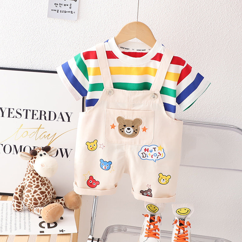 Boys' Summer Casual Suspender Trousers Short Sleeve Suit (Available)