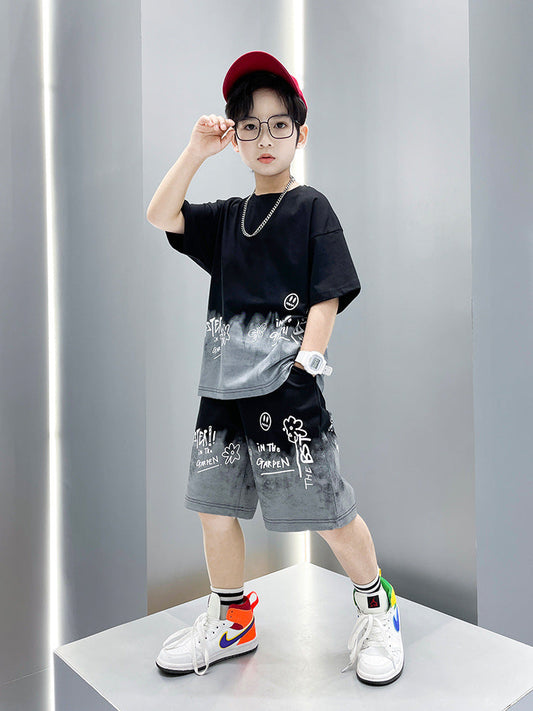 Boys' Suit New Summer Medium And Large Children Boys' Short Sleeve Sports Trendy Internet Celebrity Fashion Brand